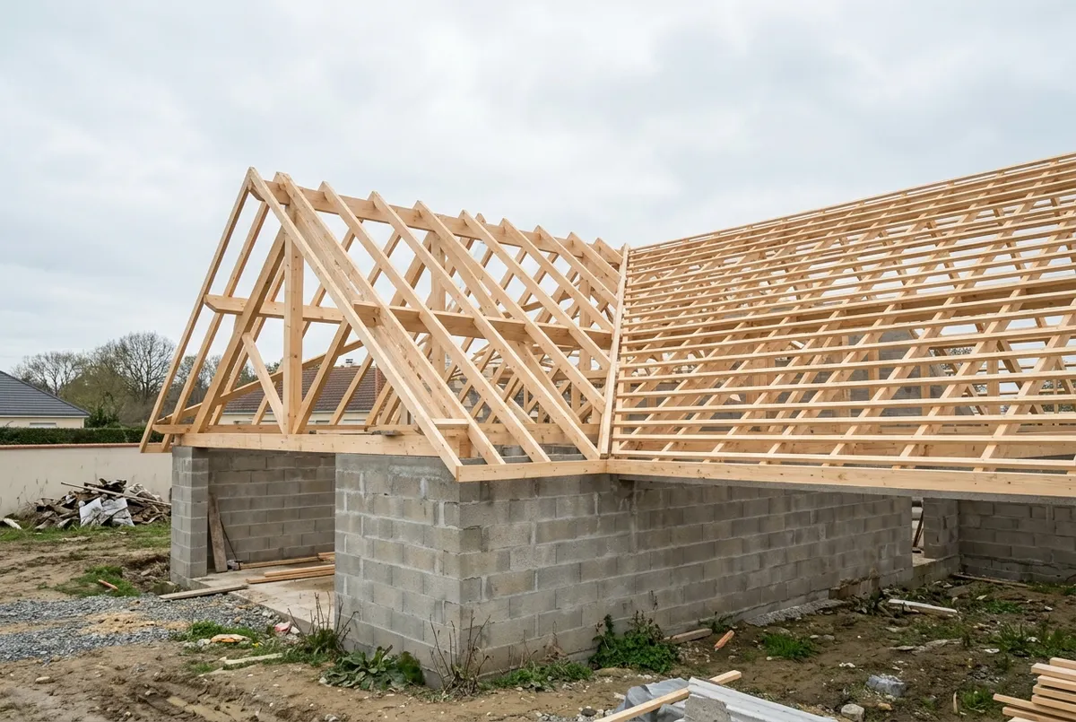 Charpente traditionnelle en bois posée sur une maison en parpaings, avant la couverture