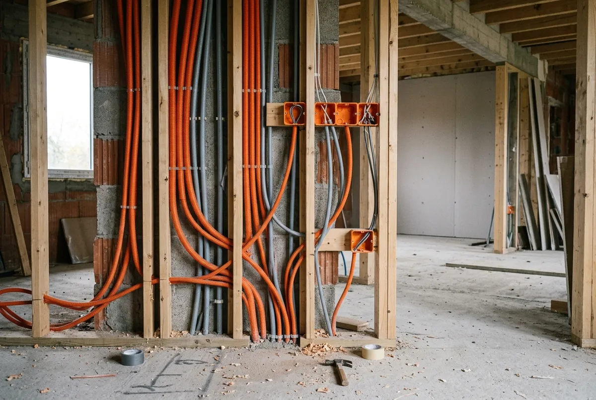 Gaines électriques et tuyaux de plomberie le long d’un mur avant la fermeture des cloisons